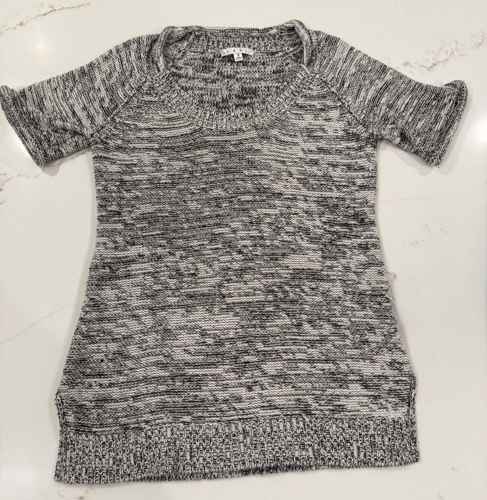 CAbi Women Open Knit Sweater Short Sleeve Black White Size Small